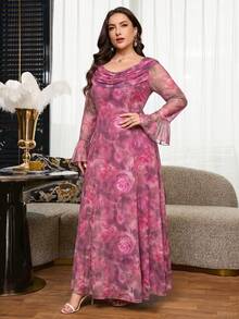 Reflora Vestido de vacaciones elegante con estampado floral, mangas con volantes y plisado, talla grande - Rosa Fucsia - Ver 11