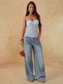 SHEIN BAE Petite 女款純色蝴蝶結裝飾時尚細肩帶背心，適合夜店、外出、夜晚聚會、派對，嬰兒藍色，夏季性感款 - 淺藍色 - 查看 3