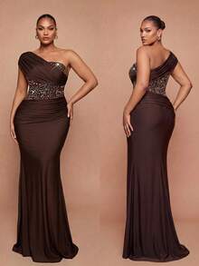 Glamrae Plus Size Elegant Classy Deep Coffee Cold Shoulder Asymmetric Neckline Sequin Bodycon Mermaid Tail Formal Dinner Heavy Work Gown New Year Fall - Coffee Brown - View 2