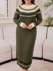 Modelyn Plus Size Casual Knit Dress For Autumn/Winter - Army Green - View 1
