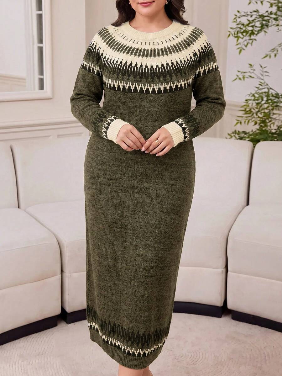 Modelyn Plus Size Casual Knit Dress For Autumn/Winter - Army Green - View 1