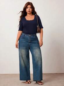 Enliva Kaos Wanita Ukuran Besar, Elastisitas Tinggi, Potongan Slim Fit, Lengan Pendek, Leher Persegi, Ramah Kulit, Gaya Musim Semi/Panas, Detail Renda di Garis Leher - Navy Blue - View 4