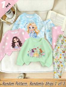 SHEIN Young Girls Baby Cartoon Princess Pattern Star Print Crew Neck Sweatshirt Leggings Set 7th Birthday Pink White Autumn - Multicolor - View 3