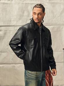 Loose Fit Men's Long Sleeve Flap Pocket PU Leather Zipper Front Rave Jacket, For Fall Winter - Black - View 7