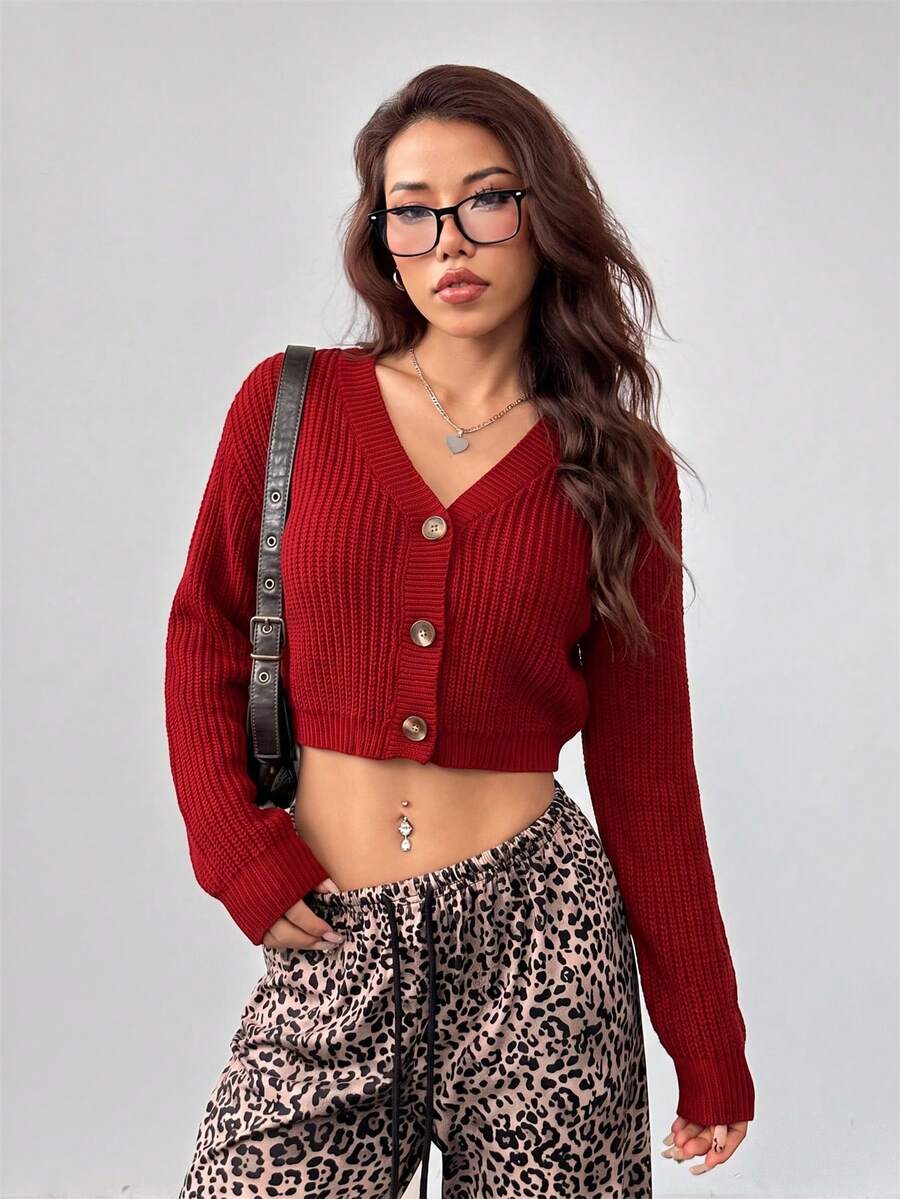 SHEIN PETITE 白色燈籠袖前開扣羅紋針織開襟衫,秋冬露肩毛衣 - 酒紅色 - 查看 1