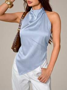 SHEIN PETITE 女款性感露背掛脖上衣，優雅適合派對、通勤與度假，夏季穿搭 - 淺藍色 - 查看 6