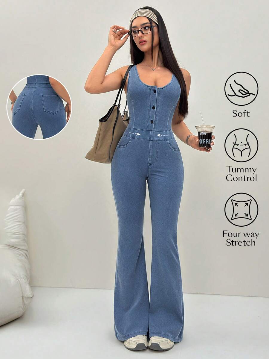 Flexra Women's Sexy Street Style Button Waist Denim Jumpsuit With Flared Legs - Blue - View 1