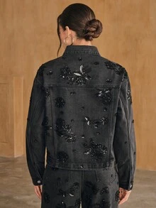 Anewsta Women's New Fashion Glamorous Sparkling Rhinestone Black Jeans Jacket - Black - View 7