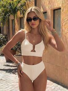 SHEIN Swim 两件套女士夏季U领镂空装饰吊带泳衣套装 - 杏色 - 查看 3