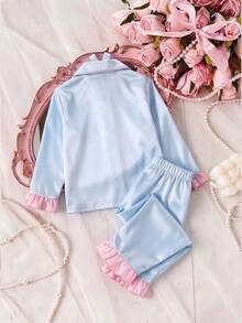 Girls' Solid Color Satin Ruffle Sleeve Long Sleeve Top And Pants With Pockets Embroidery 2-Piece Set, Spring/Autumn - Blue - View 2
