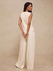 Glamine Beige Sleeveless Vest Gold Button High Waist Wide Leg Pants Two Piece Set Old Money Quiet Luxury Elegant Office Work Business Commute Fall Formal Chic - Apricot - View 3