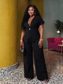 Slaydiva Conjunto de 2 piezas de blazer de un solo botón y pantalones de pierna ancha, elegante traje de negocios para trabajo de talla grande para curvas - Negro - Ver 2