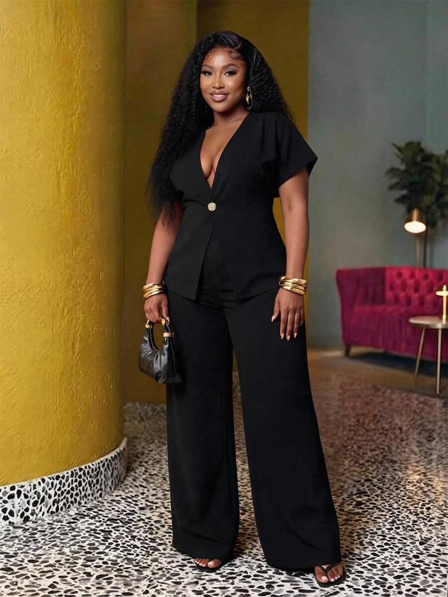 Slaydiva Conjunto de 2 piezas de blazer de un solo botón y pantalones de pierna ancha, elegante traje de negocios para trabajo de talla grande para curvas