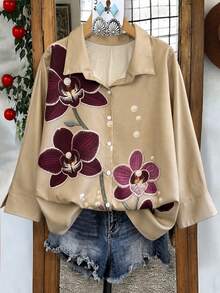 Breezaya Women's Plus Size Spring Casual Commute Elegant Vintage Versatile Floral Pattern Positioned Print Collared Button-Up Shirt Suitable For Spring/Summer Outfits - Khaki - View 3