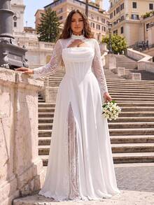Glamrae Robe de mariée grande taille élégante, glamour et romantique, en tricot extensible blanc avec dentelle contrastante, manches longues, col en dentelle transparente, bordure en dentelle, volants plissés, taille en V et ourlet évasé (robe de mariée à travail lourd) - Blanc - Voir 5
