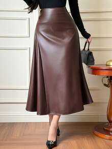 DAZY Rok Panjang Wanita Model A-Line Bahan Kulit Warna Polos dengan Hiasan Kancing dan Pinggang Tinggi untuk Musim Gugur/Dingin - Coffee Brown - View 6