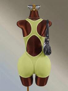 Amplova Solid Color Backless Fitted Sports Romper - Yellow - View 2
