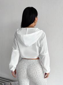 Dewbera Dewbera Solid Color Drawstring Hem Cropped Hooded Sweatshirt - White - View 2
