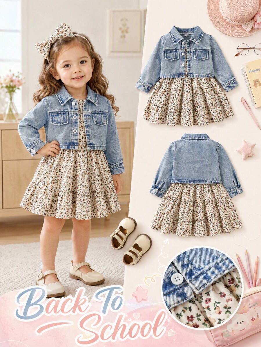 SHEIN Playful Pals Baby Girl Ditsy Floral Spaghetti Strap Dress With Denim Jacket - Blue - View 1