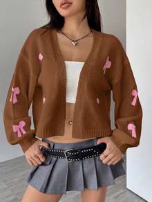 SHEIN Unity 甜美女款蝴蝶結圖案長袖開襟衫 - 彩色 - 查看 5