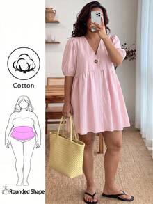 Enliva Plus Size Women's Ruffled Puff Sleeve V-Neck Dress - Baby Pink - View 1