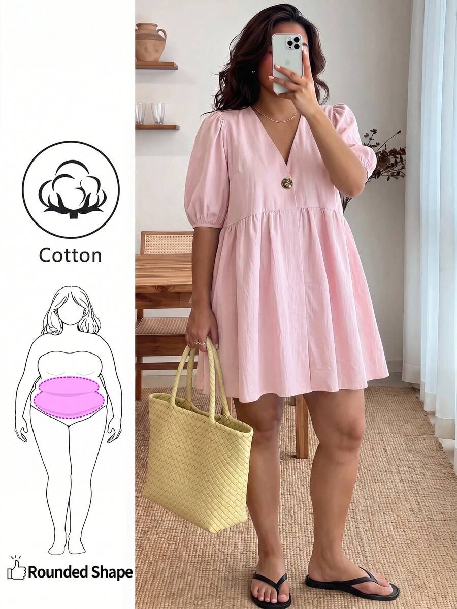 Enliva Plus Size Women's Ruffled Puff Sleeve V-Neck Dress - Baby Pink - View 1