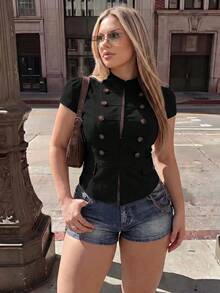 SHEIN ICON 女款大尺碼雙排扣短袖外套睡衣 外出穿著 黑色 夏季鄉村風 - 黑色 - 查看 1