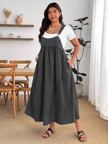 Enliva Plus Size Casual Loose Strap Dress - Dark Grey - View 4
