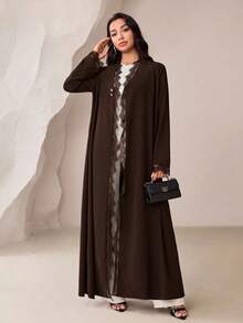 Veilorie Women's Elegant Solid Color Lace Patchwork Abaya - Coffee Brown - View 3