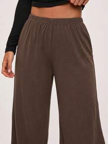 SHEIN BASICS Plus Size Casual Baggy Traditional Elegant Versatile Solid Color Loose Pants Lounge Formal Office Home Wear Vacation Brown Autumn - Brown - View 4