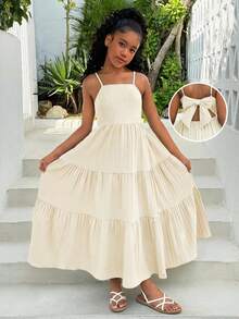 Tween Girls' Summer Beach Vacation Casual Apricot Ruffle Strap Backless Bow Tie Dress, Holiday Long Dress - Apricot - View 1
