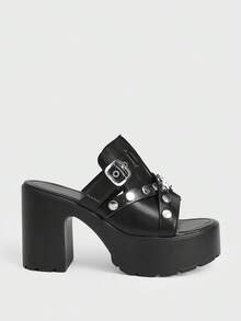 Sugerpunk Women's Punk Style Buckle Pattern Bump Nail Slip-On Design Platform Fashion High-Heeled Sandals - Black - View 1