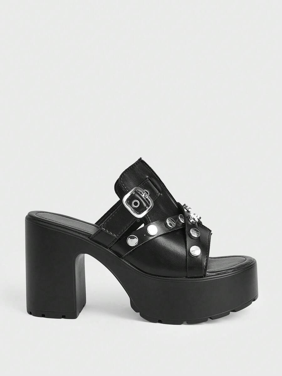 Sugerpunk Women's Punk Style Buckle Pattern Bump Nail Slip-On Design Platform Fashion High-Heeled Sandals - Black - View 1