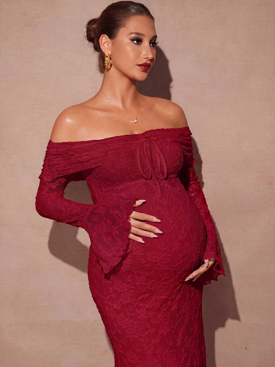 MaterniChic Elegant Maternity Off Shoulder Jacquard Party Dress Fall - Red - View 1