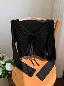 Comfortcana Casual Versatile Solid Color Tie-Front Knit Cardigan - Black - View 9