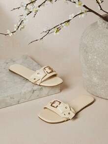 SHUZIA Women's Fashionable Comfortable Metal Eyelets Decor Slip-On Flat Sandals Valentine's Day - Beige - View 3