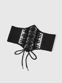 ROMWE Fairycore 1pc Black Hexagonal Waist Cincher Corset Belts With Hollow Lace Trim, Musical Note Accents, And Embroidered Black-And-White Piano Key Pattern, Dark Gothic Style - Key Notes Hexagonal Waist Seal - View 4