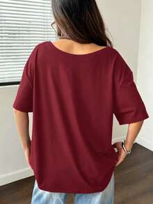 Flirla Plus Size Women's Minimalist Print Asymmetric Shoulder Top - Burgundy - View 2