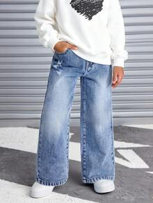 Jeans de mezclilla rectos con efecto desgastado y rotos, versátiles y casuales para niñas - Lavado ligero - Ver 5