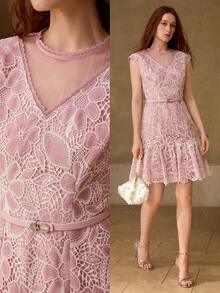 MOTF PREMIUM SPRING/SUMMER ELEGANT ROMANTIC FRENCH VINTAGE DATE FASHION HIGH-END MESH BEADED PATCHWORK WAIST BELT CINCHED WAIST PINK & WHITE WOMEN'S LACE SHORT DRESS - Pink - View 8