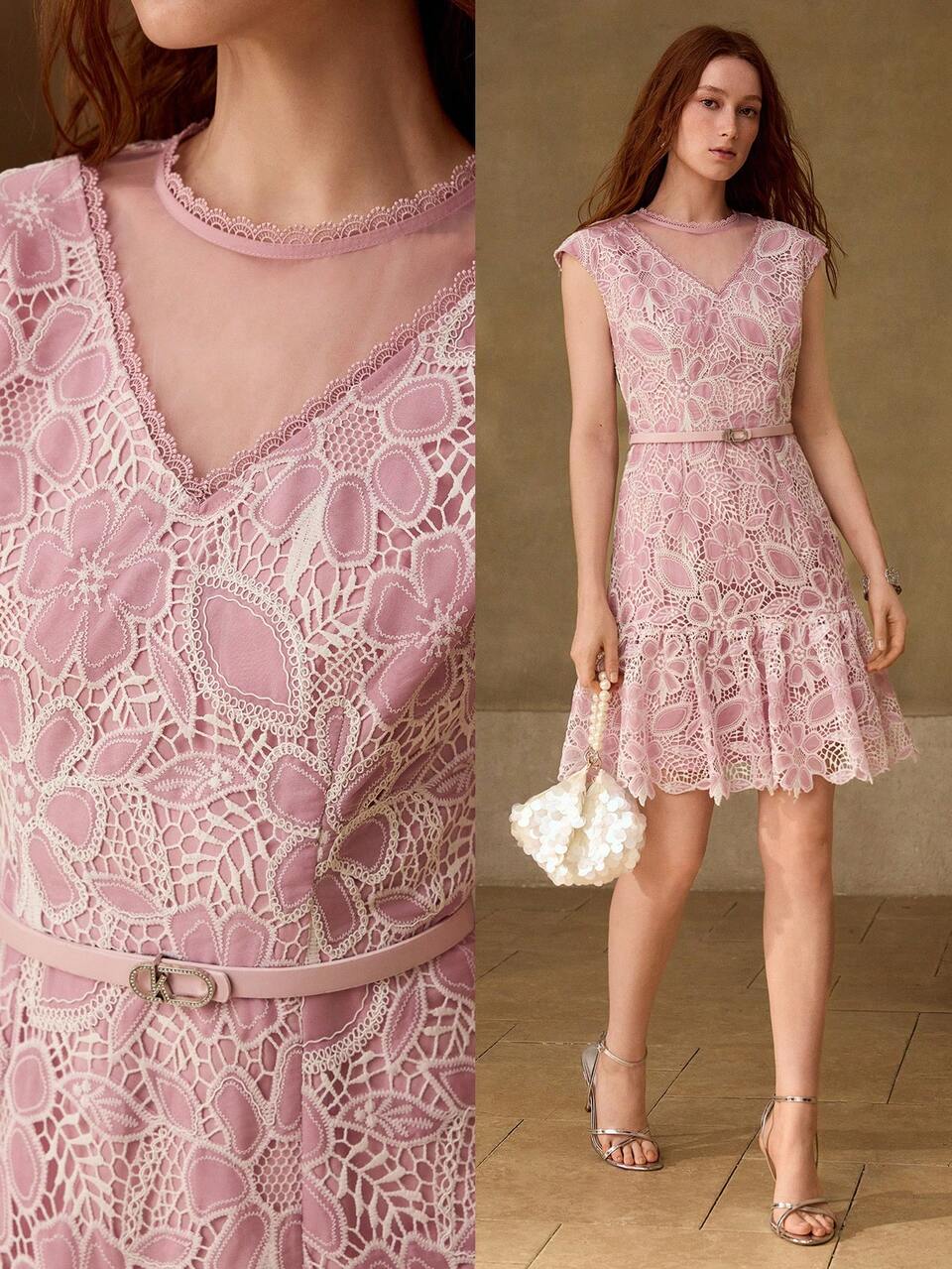 MOTF SPRING/SUMMER ELEGANT ROMANTIC FRENCH VINTAGE DATE FASHION HIGH-END MESH BEADED PATCHWORK WAIST BELT CINCHED WAIST PINK & WHITE WOMEN'S LACE SHORT DRESS