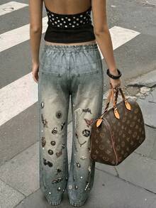 Rovax Casual Denim Effect Print Straight Leg Pants - Multicolor - View 2