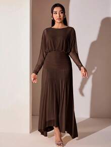 Veilorie Women's Elegant Solid Color Long Dress For Party - Coffee Brown - View 5