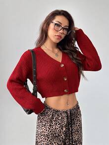 SHEIN PETITE 白色燈籠袖前開扣羅紋針織開襟衫，秋冬露肩毛衣 - 酒紅色 - 查看 7