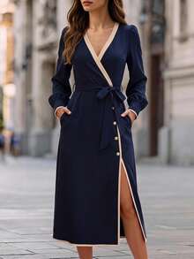 Velvienne Gaun Longgar Leher V Warna Biru Tua Elegan Ukuran Plus untuk Wanita, Cocok untuk Musim Gugur - Biru - View 3