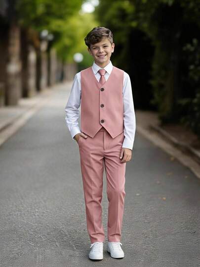 SHEIN 2pcs Tween Boy Gentleman Style Outfit, Sleeveless Vest Jacket And Long Trousers, Dusty Rose White, Summer, Classy, Elegant Old Money, Wedding Party
