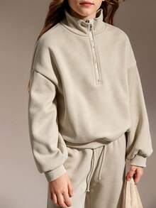 SHEIN 青少年女孩半拉鍊寬鬆衛衣與休閒運動褲套裝，寬鬆版型，返校穿搭，舒適適合秋冬 - 灰色 - 查看 6