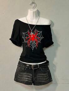 Attitoon 休閒極簡落肩女款 T-shirt，蜘蛛印花圖案，適合夏季 - 黑色 - 查看 5