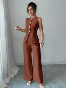 SHEIN Raffinéa 女款法式優雅度假休閒通勤金屬花朵鈕扣套裝 - 棕色 - 查看 3