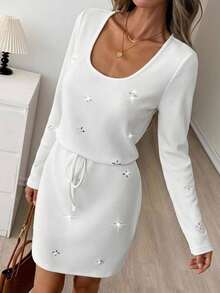 SHEIN LUNE Plus Size Striped Rhinestone Vintage Casual Elegant Fashion Autumn Dress Formal Morning Birthday White - Brown - View 7